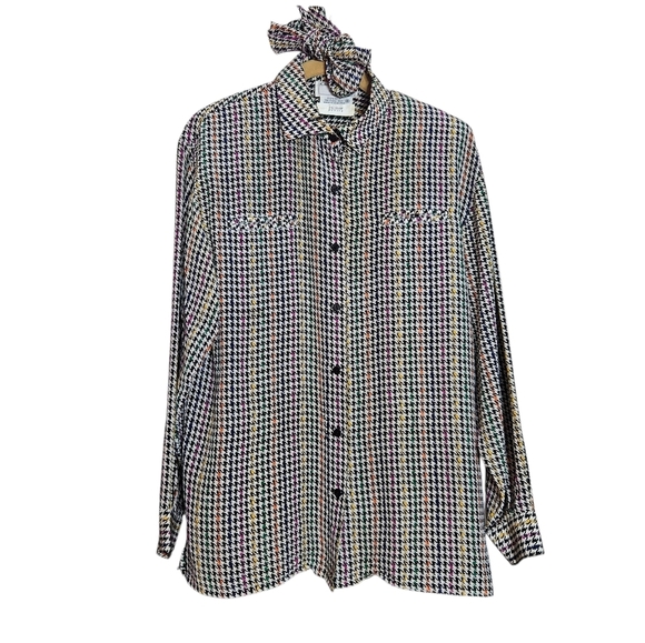 Vintage Ciao Sport 100% Silk Rainbow Houndstooth Blouse size 8 Petite - Picture 4 of 9